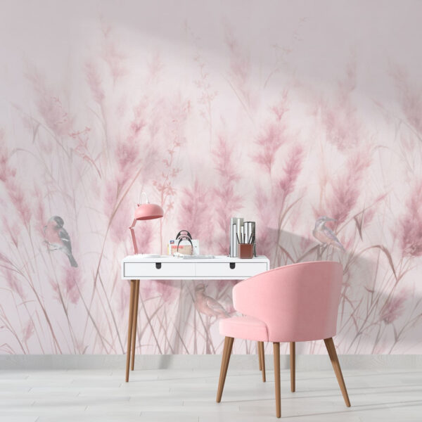 Birds among soft pink grass Wall murals Birds among soft pink grass