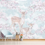 Wall murals Fawns amidst blossoms in pastel hues.