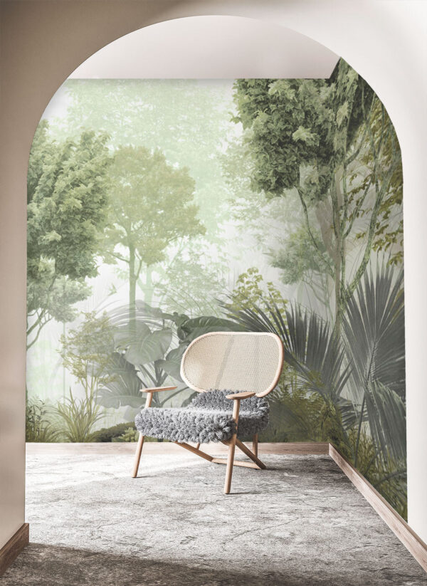 Group of trees in a foggy forest Wall murals Group of trees in a foggy forest