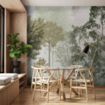 Wall murals Misty forest with lush greenery.
