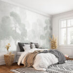 Wall murals Foggy forest with trees and ferns