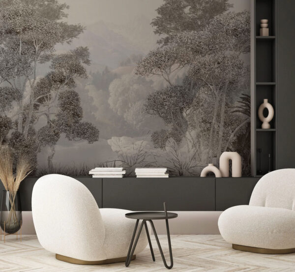 Misty forest with mountains beyond Wall murals Misty forest with mountains beyond