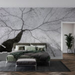 Wall murals Looking up at trees in the fog