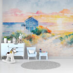 Wall murals Watercolor painting of a sunset over a body of water
