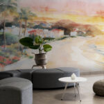 Wall murals Watercolor painting of a beach with buildings and a body of water