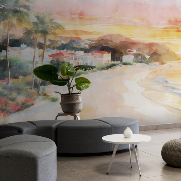 Watercolor painting of a beach with buildings and a body of water Wall murals Watercolor painting of a beach with buildings and a body of water