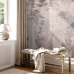Wall murals Misty forest with tall trees.