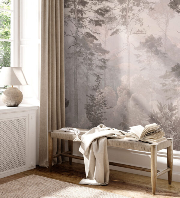 Misty forest with tall trees Wall murals Misty forest with tall trees