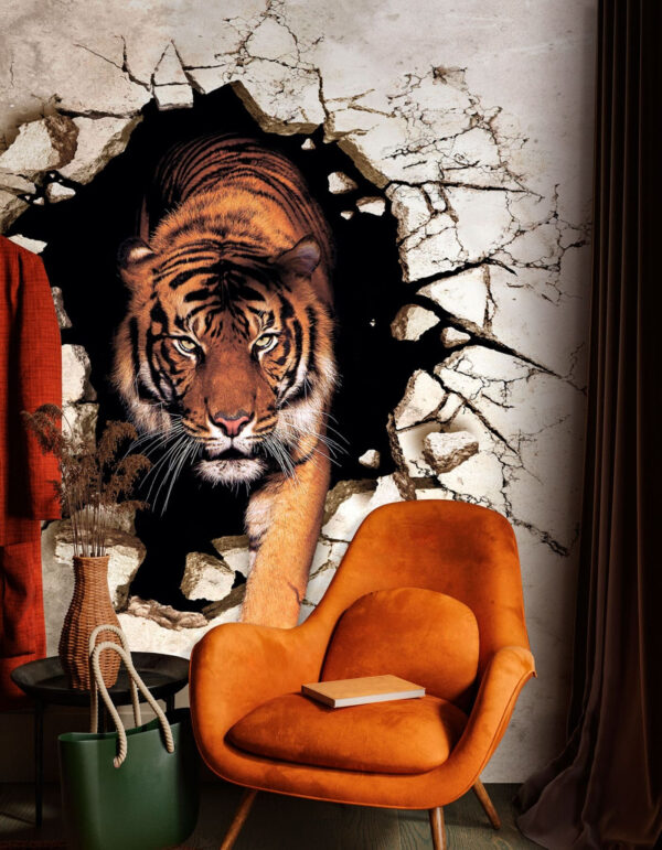 Wall murals Tiger emerging through cracked wall (SKU: u97031) Wall murals Wall murals Tiger emerging through cracked wall (SKU: u97031)
