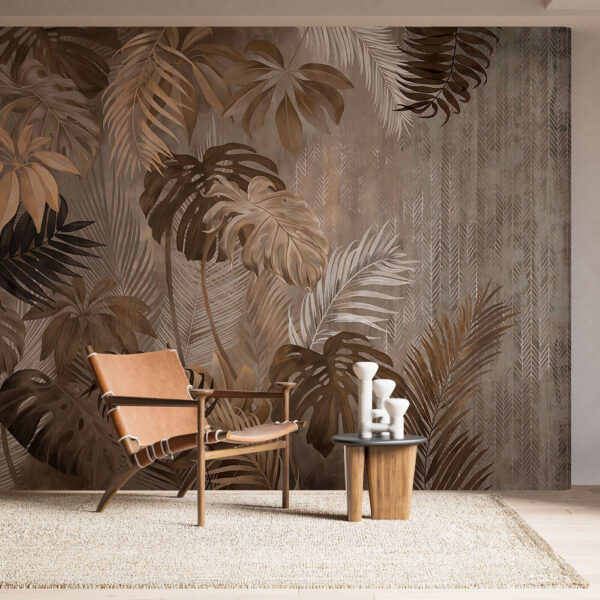 Elegant tropical leaves on textured background Wall murals Elegant tropical leaves on textured background