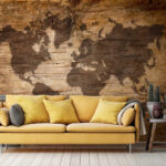 Wall murals Map of the world on a piece of wood