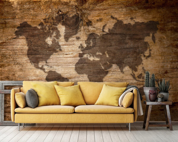 Map of the world on a piece of wood Wall murals Map of the world on a piece of wood