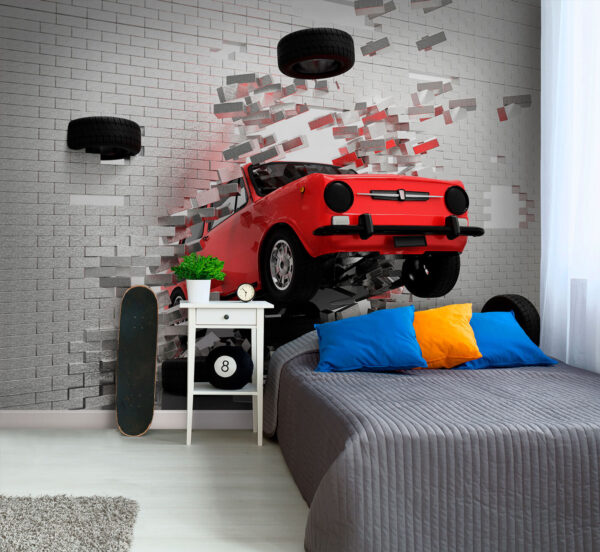 Car crashes through brick wall Wall murals Car crashes through brick wall