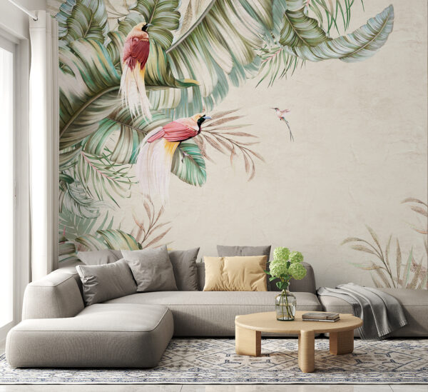 Exotic birds amidst lush foliage Wall murals Exotic birds amidst lush foliage