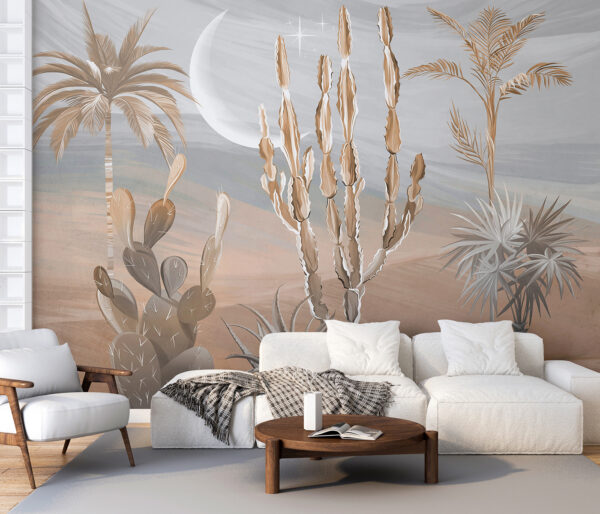 Desert landscape with cactuses and palm trees Wall murals Desert landscape with cactuses and palm trees