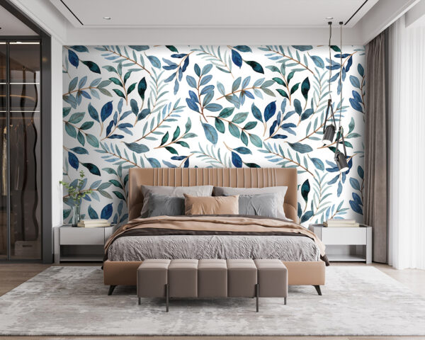 Watercolor leaves in blue pattern Wall murals Watercolor leaves in blue pattern