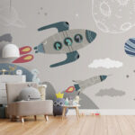 Wall murals Dinosaurs explore space in rocketships.