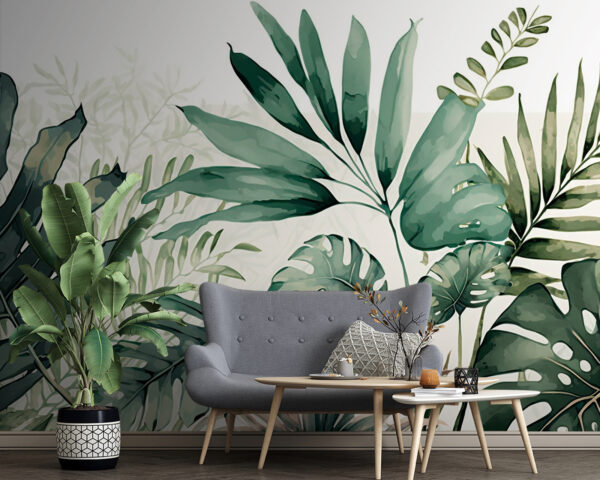 Wall murals Tropical leaves illustration in green Wall murals Tropical leaves illustration in green