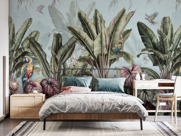 Wall murals Wallpaper with tropical plants and birds Wall murals Wallpaper with tropical plants and birds