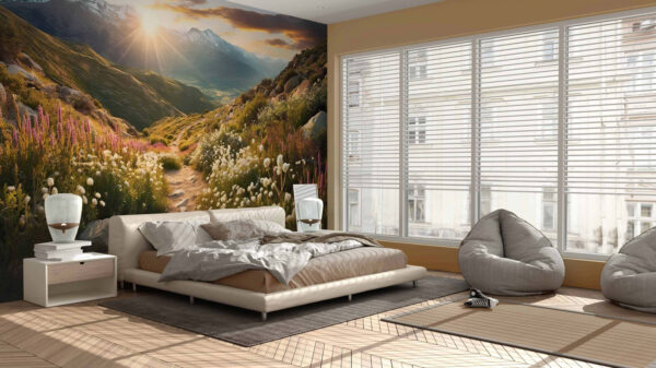 Sunset over mountain flower trail Wall murals Sunset over mountain flower trail