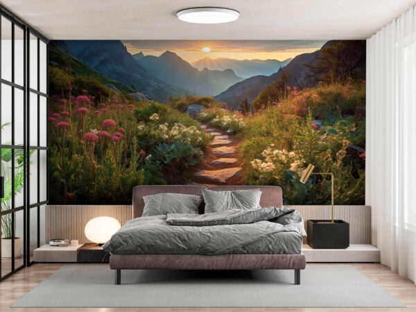 Wall murals Mountain trail at sunrise, serene beauty Wall murals Mountain trail at sunrise, serene beauty