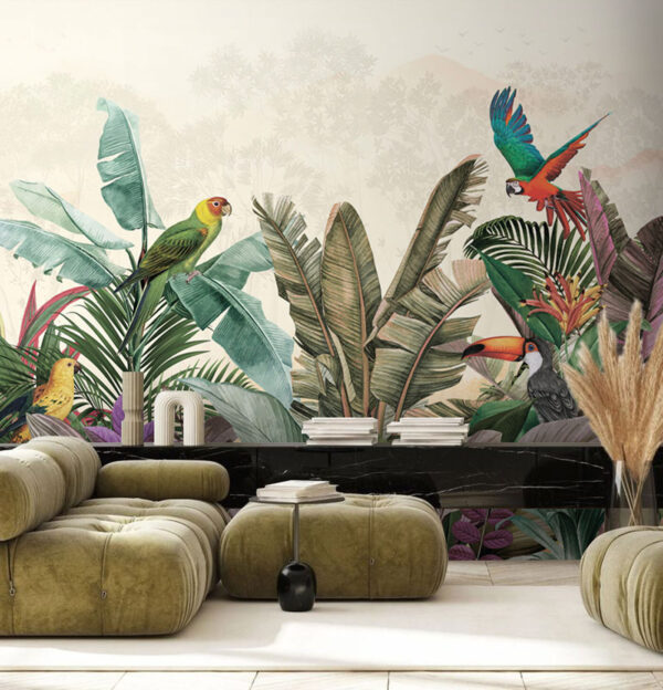 Tropical paradise with vibrant birds Wall murals Tropical paradise with vibrant birds