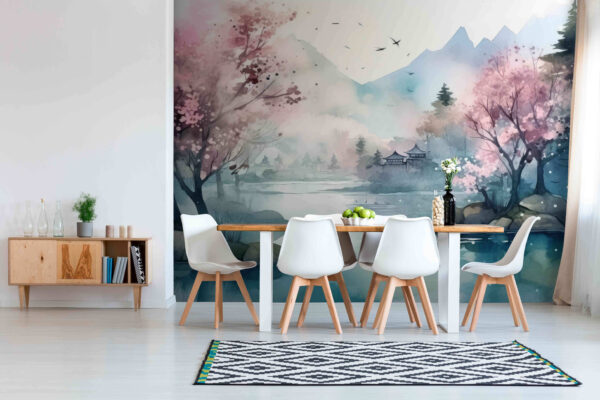 Painting of a tree with pink flowers Wall murals Painting of a tree with pink flowers