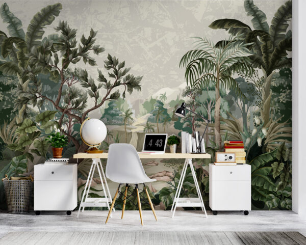 Lush tropical jungle scene with waterfall Wall murals Lush tropical jungle scene with waterfall