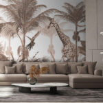 Wall murals Giraffe and a bird in a forest