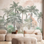 Wall murals Giraffe standing next to palm trees