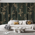 Wall murals Elegant leaves on dark striped background.