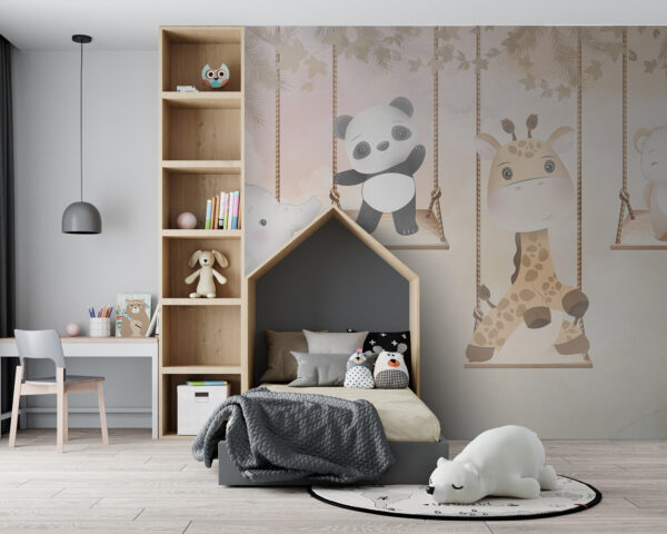 Giraffe sitting on a rope swing Wall murals Giraffe sitting on a rope swing