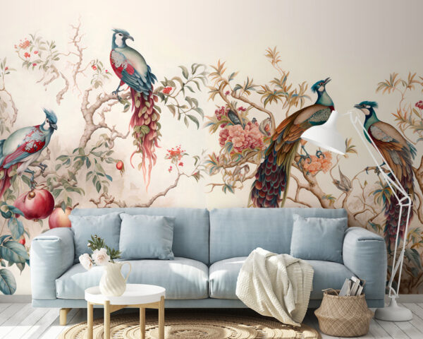 Peacocks perched in vibrant trees Wall murals Peacocks perched in vibrant trees