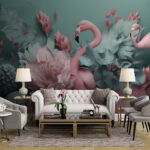 Wall murals Flamingos nestled among lush flowers.