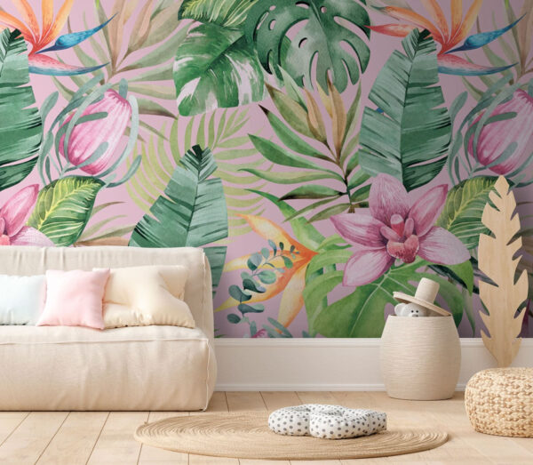 Wall murals Pattern of tropical leaves and flowers Wall murals Pattern of tropical leaves and flowers