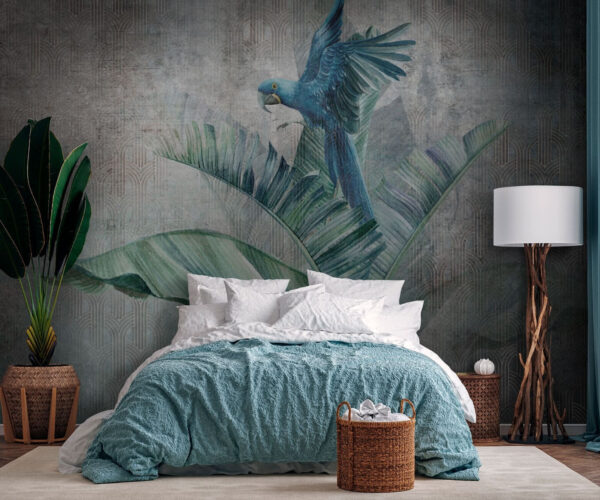Blue parrot perched on leafy branch Wall murals Blue parrot perched on leafy branch
