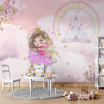 Wall murals Cartoon of a girl hugging a unicorn