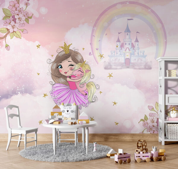 Cartoon of a girl hugging a unicorn Wall murals Cartoon of a girl hugging a unicorn