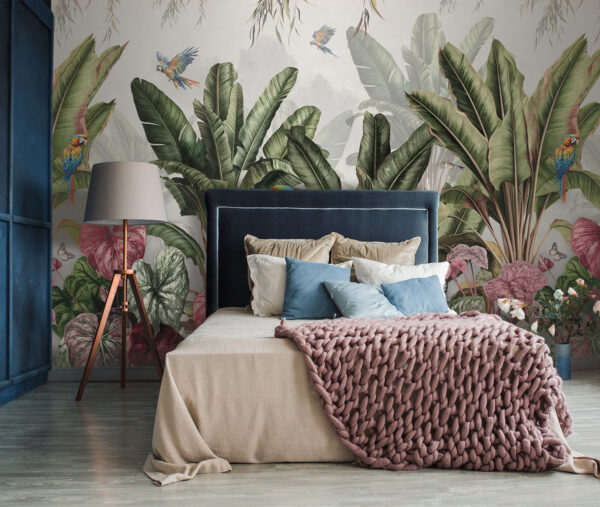 Tropical paradise with colorful parrots Wall murals Tropical paradise with colorful parrots