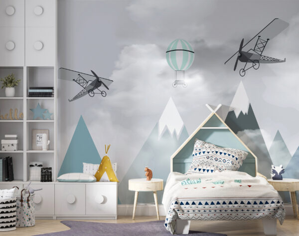 Airplanes and balloons over mountains Wall murals Airplanes and balloons over mountains