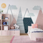 Wall murals Geometric mountains under sunlit sky.