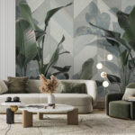 Wall murals Lush green leaves against patterned backdrop.