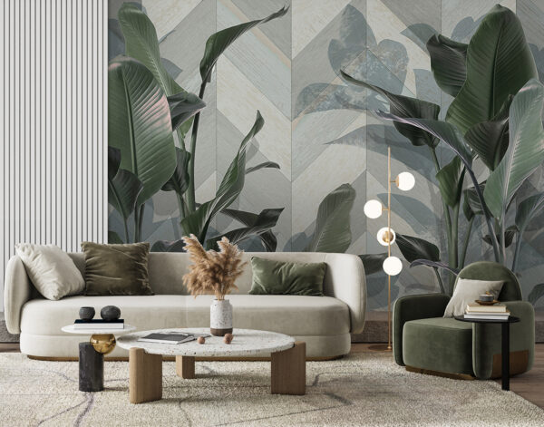 Lush green leaves against patterned backdrop Wall murals Lush green leaves against patterned backdrop
