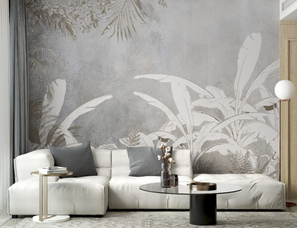 Wall murals White and grey wallpaper with plants Wall murals White and grey wallpaper with plants