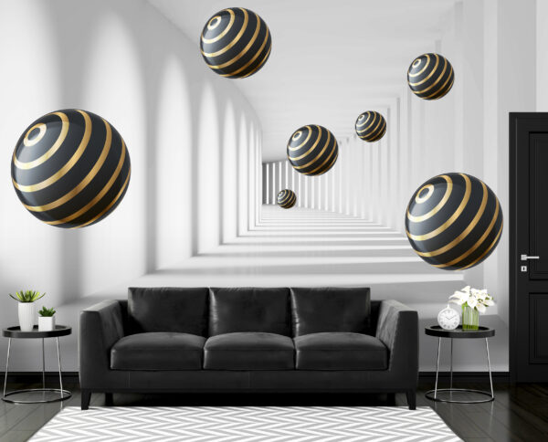 Striped spheres hover in white corridor Wall murals Striped spheres hover in white corridor