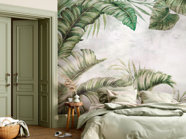 Green leaves on misty background Wall murals Green leaves on misty background