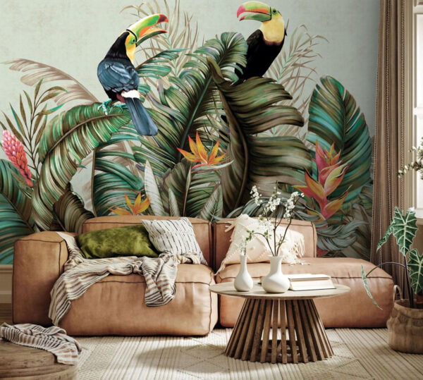 Toucans perched among tropical leaves Wall murals Toucans perched among tropical leaves
