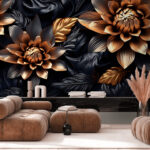 Wall murals Metallic flowers with dark leaves design.