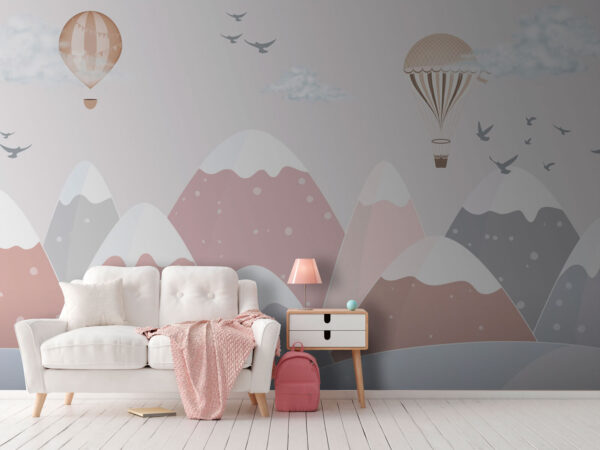 Balloons soar above snowy mountains Wall murals Balloons soar above snowy mountains