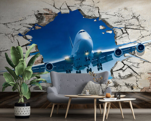 Wall murals Jet bursts through cracked wall. (SKU: u94965)